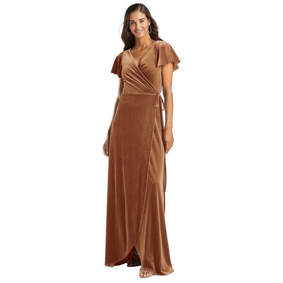 After Six FLUTTER SLEEVE VELVET WRAP MAXI DRESS WITH POCKETS - Picture 2 of 7